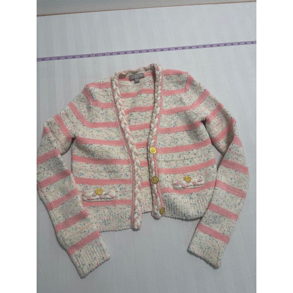J.Crew Pink Cream Striped Braided Trim Cardigan Sweater XXS